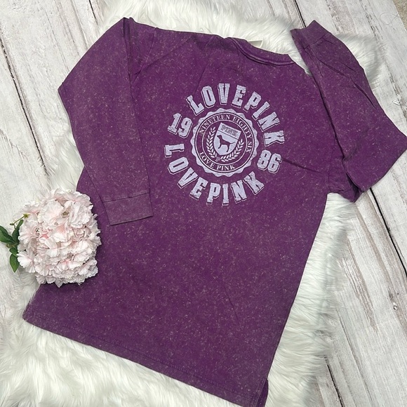 Pink Victoria’s Secret Distressed Acid Wash Crew Neck Long Sleeve Top Size Small - Picture 3 of 11
